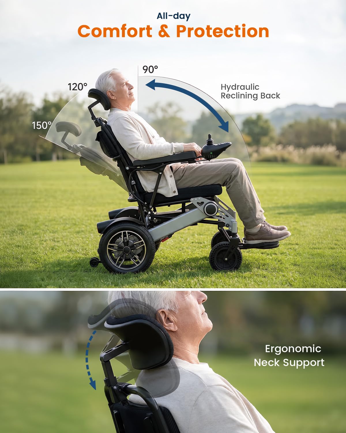 Electric Wheelchairs for Adults, Reclining Motorized Wheelchair with Tail Lights & 380LBS Capacity, 500W All-Terrain Foldable Electric Wheelchair Lightweight for Seniors with 19in Wide Seat, 15Miles
