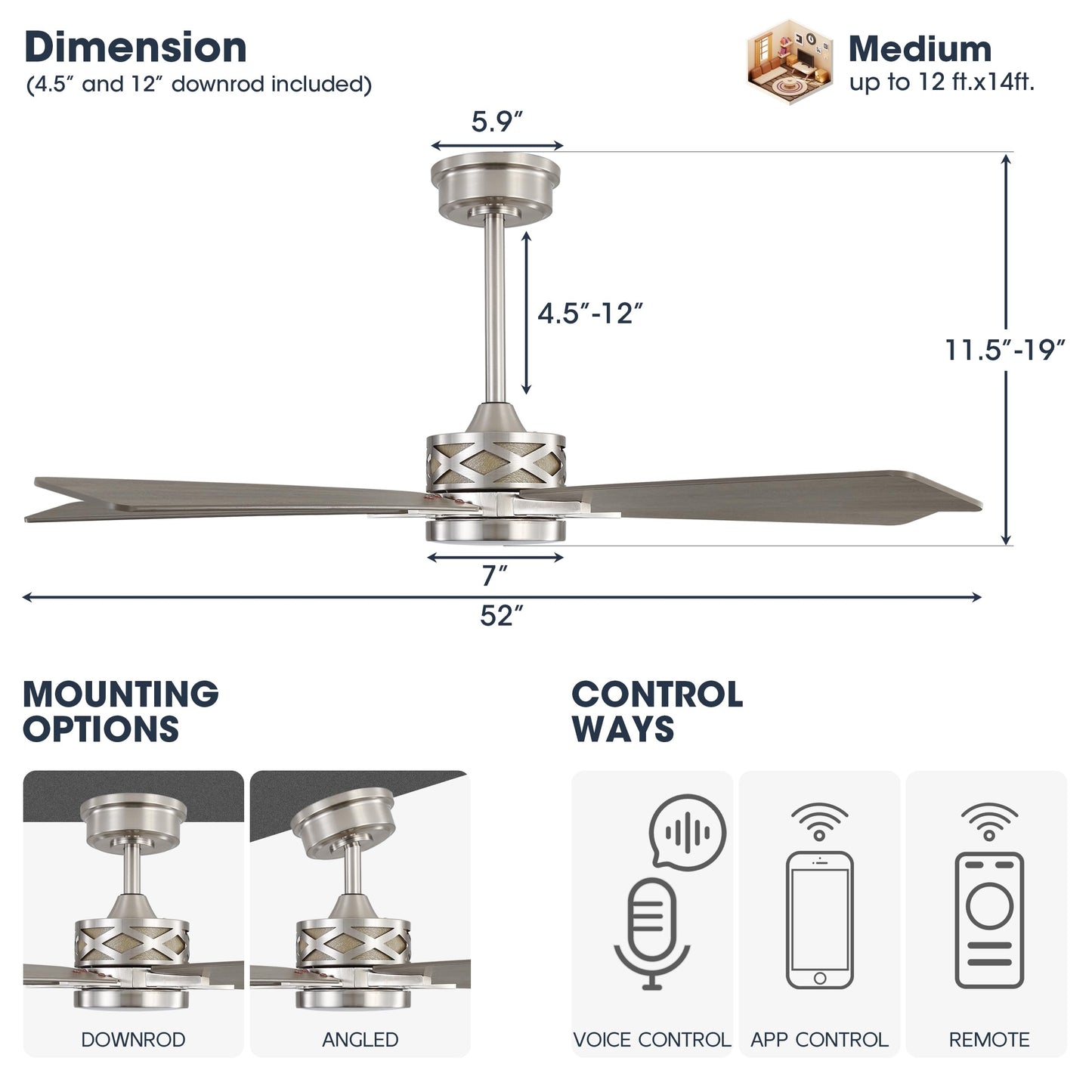 WINGBO 52" Smart Ceiling Fan with Lights, 5 Plywood Blades, 6 Speeds Reversible DC Motor, Works with Alexa and Google Assistant, 3CCT Dimmable LED Ceiling Fan for Bedroom Living Room, Nickel and Grey