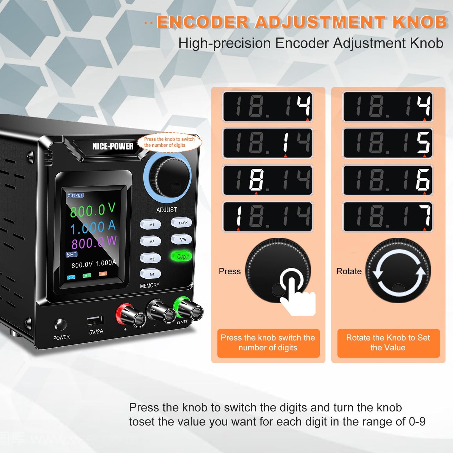 NICE-POWER DC Power Supply Variable, 0-800V 0-1A High Voltage Programmable Adjustable Regulated Bench Power Supply with Memory Storage, Encoder Knob, Output Switch, Lock Button, PC Software