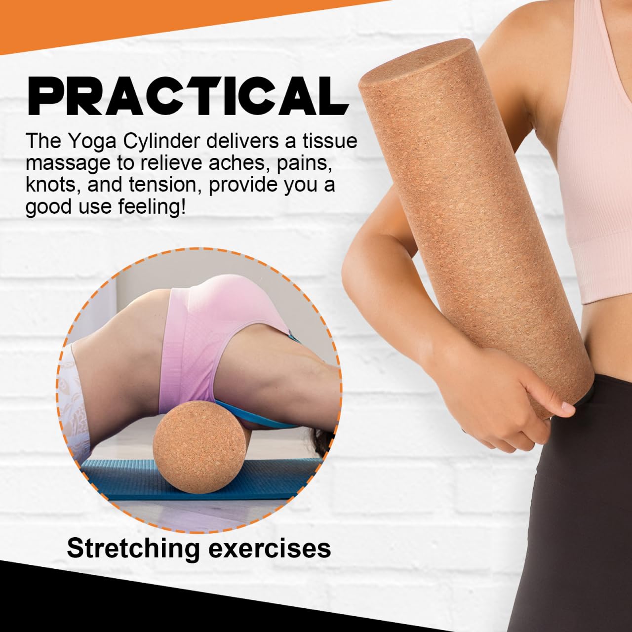 Yoga Blocks Cork Roller Fitness Yoga Roller Exercise Physical Exercise Deep Tissue Muscle Massage Portable Yoga Cylinder Back Bend Training for Legs Back Muscles