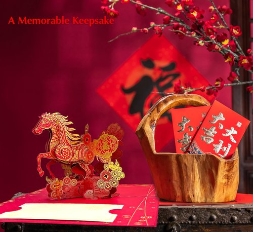 BIZIBAFF 3D Pop-Up Chinese New Year Card & Decorations 2026 - Year of The Horse - Handmade Lunar New Year Greeting Cards with Envelope, Unique Spring Festival Gifts for Family & Friends