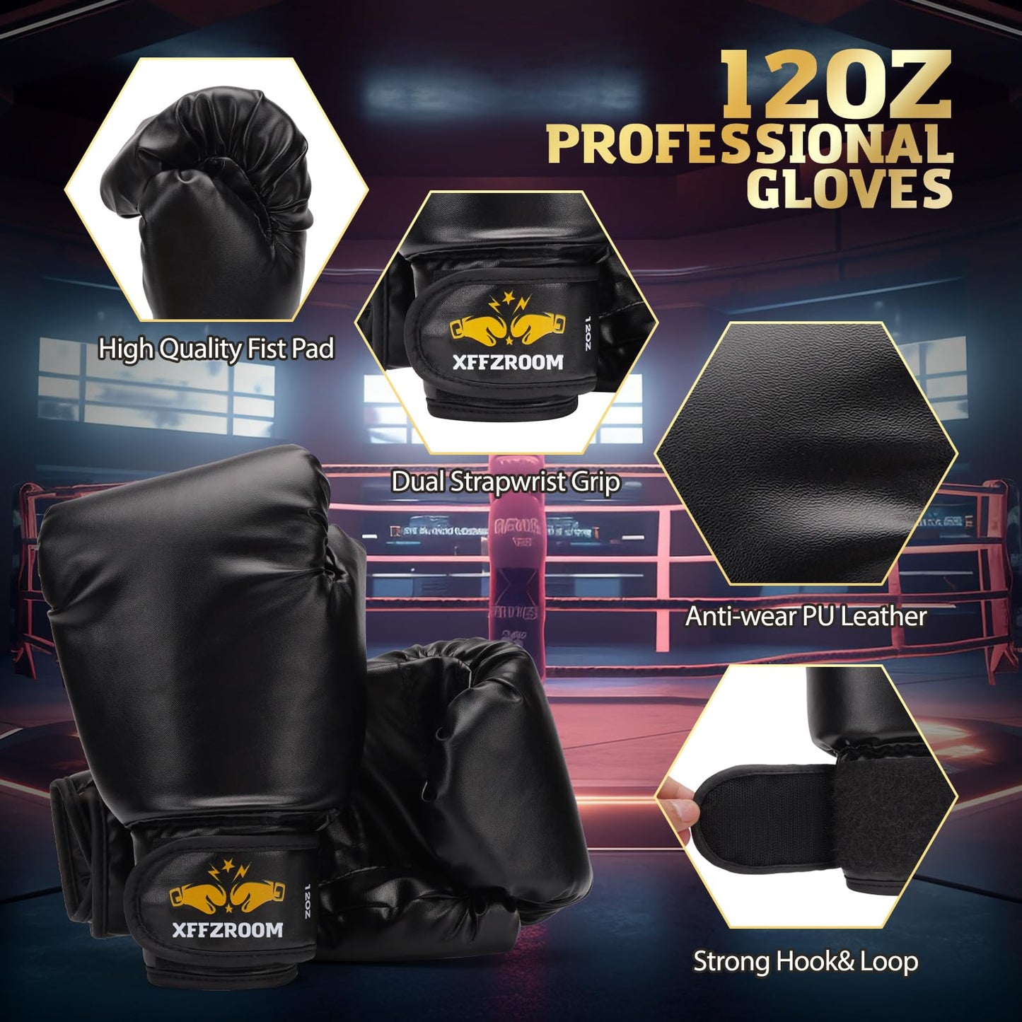 xffzroom Punching Bag for Adults, 4ft PU Leather 6 in 1 Heavy Boxing Bag Set, Punching Bag with 12oz Boxing Gloves, Hand Wraps, Hanging Bag for MMA Karate Kickboxing Muay Thai Boxing Home - Unfilled