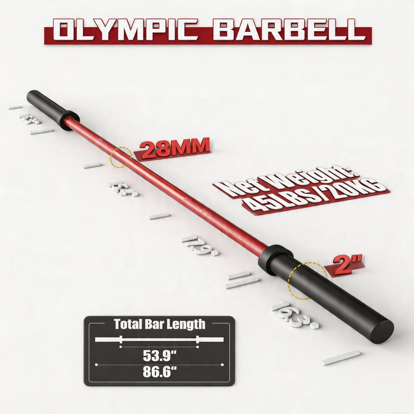 7ft Olympic Barbell 45 LB, Medium-Carbon Steel Weight Lifting Bar, 1500LB Capacity, 28mm Grip, 8 Needle Bearings, Fits 2" Plates for Powerlifting, Deadlift, Bench Press & Home Gym