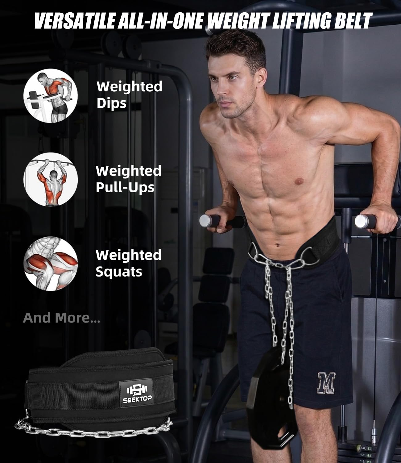 Seektop Dip Belt for Weightlifting - GYM Workout Pull Ups Belt with Chain, Neoprene Waist Dip Belt Crossfit for Weight Lifting, Squat, Training, Fitness, Men & Women (Belt & Chain) (Black)