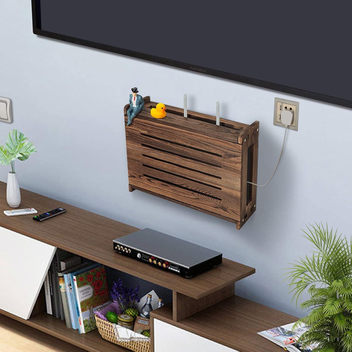 14.9 9.8 5.4 Wooden Router Shelf Wall Mount WiFi Router Storage Box Modem Cable Router Cover Organized Power Strip