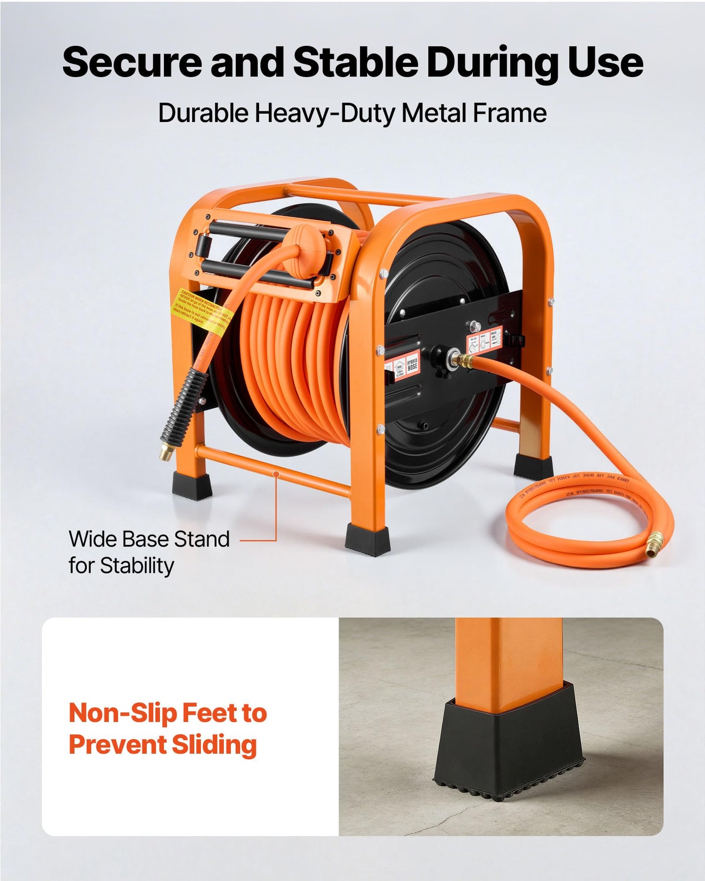 VEVOR Retractable Air Hose Reel, 3/8 Inch x 100 FT PVC Air Hose Max 300PSI, Auto Rewind Air-Compressor Hoses Reel with 5 ft Lead in, Portable Freestanding Heavy Duty Steel Reel for Garages Workshops