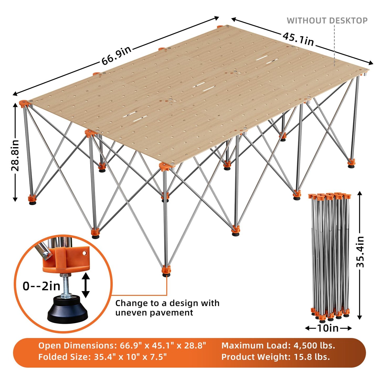Joinerjetly 30" Tall Portable Folding Workbench 6x4 FT, Stable 12-Leg Collapsible Work Stand with Adjustable Leveling Feet, Lightweight 4500 lbs Capacity Sawhorse Table for Woodworking & Jobsite