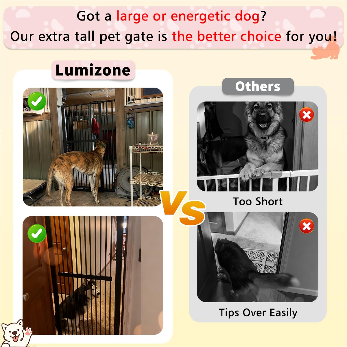 Lumizone Extra Tall Cat Gate 61.02" High Pressure Mounted Extra Wide 63.39"-67.32" (17Sizes) 1.37" Gap No Drilling Auto-Close Tall Pet Gate for Dogs (Black, 63.39"-67.32" W)