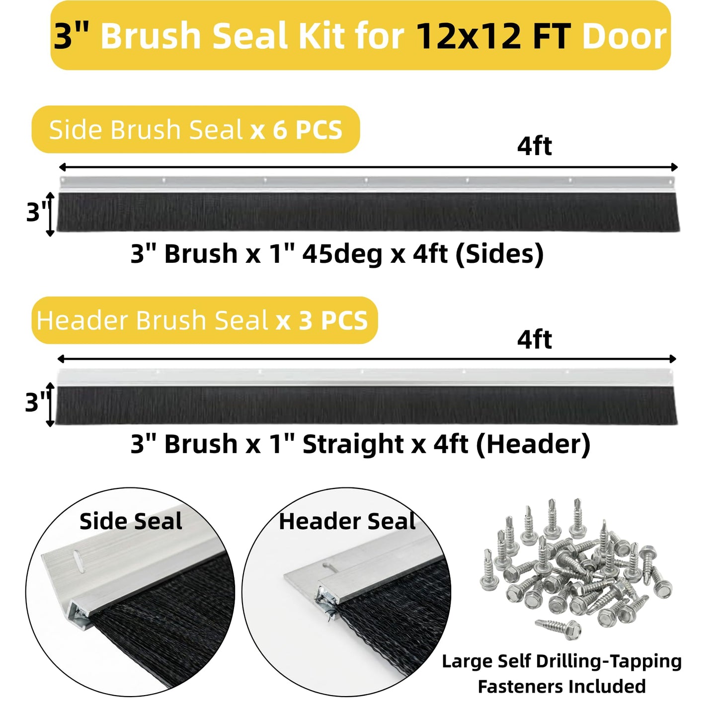Mindoub 36 FT Garage Door Brush Seal Kit for 12'W X 12'H Doors, 3" High-Density Long Nylon Bristle with Pre-Drilled Aluminum Track, Complete Top and Side Weather Stripping for Commercial Doors