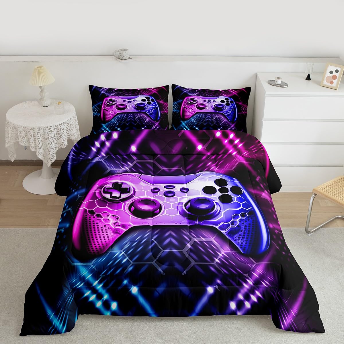 Castle Fairy Teens Gamepad Comforter Set,Modern Gamer Reversible Down Comforter Twin Size for Kids Boys Children Youth,Video Game Bedding Set Player Gaming Duvet Insert for Bedroom,Blue Pink