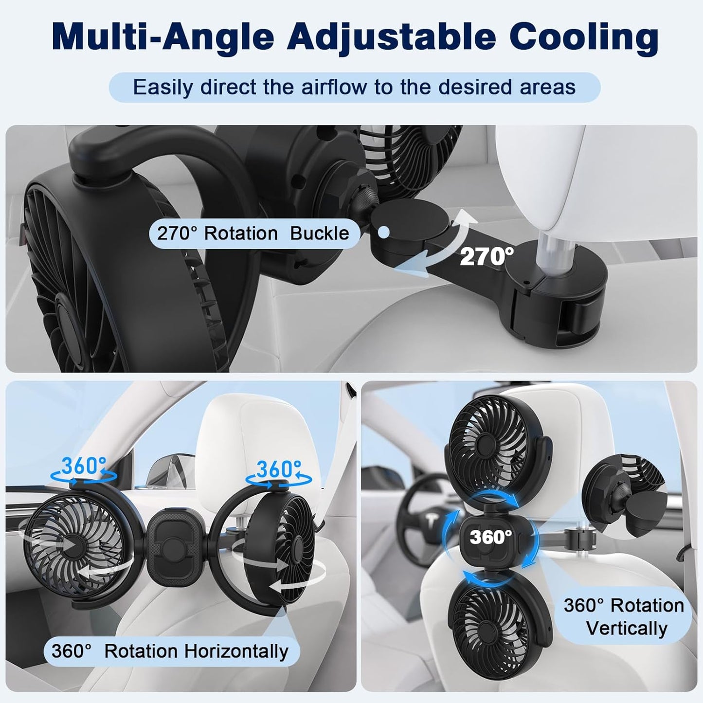 360 3-Speed 5V 2A Hayousui Rechargeable Dual-Head Fan for Car: USB Cooling Backseat Fans for Baby with Rotatable