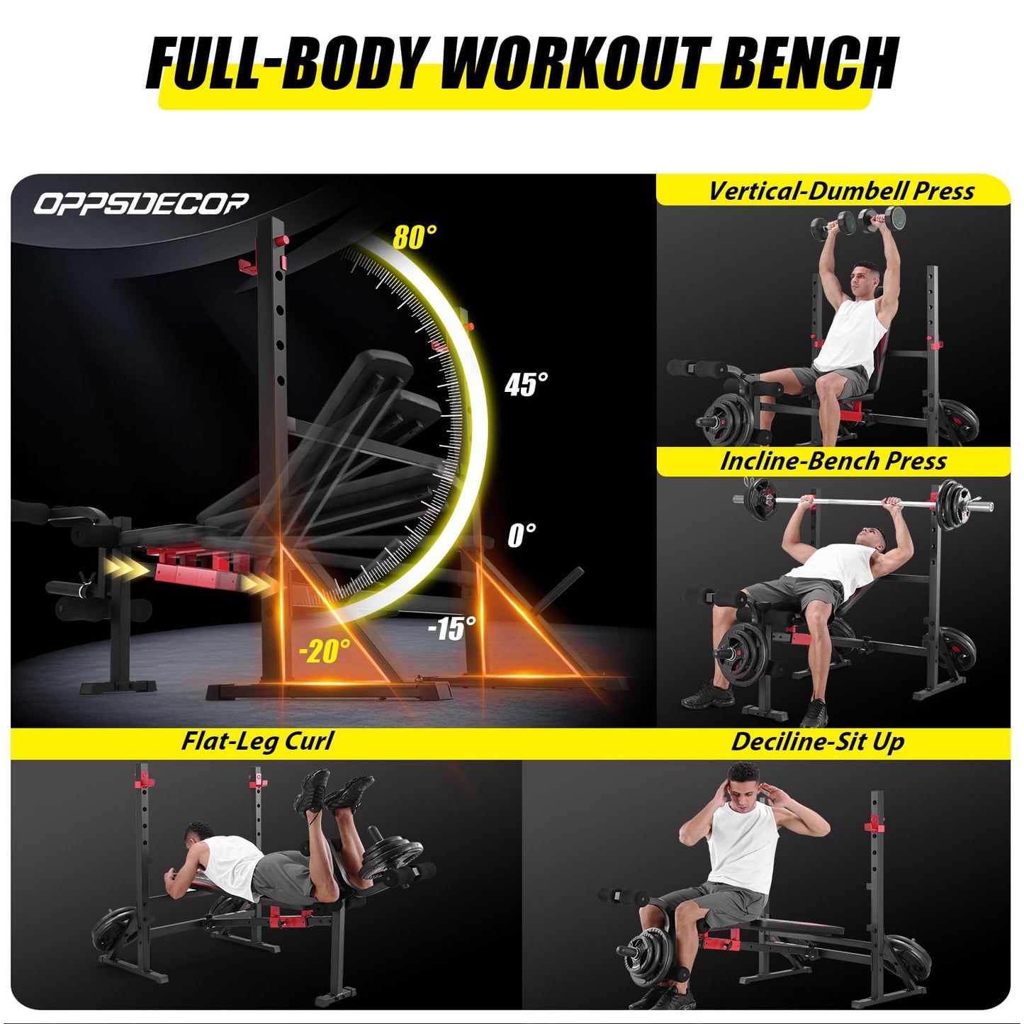 OPPSDECOR 900LBS Weight Bench Set with Squat Rack Foldable Bench Press Set with Leg Extension & Leg Curl Professional Flat/Incline/Decline Workout Bench for Home Gym Full Body Exercise