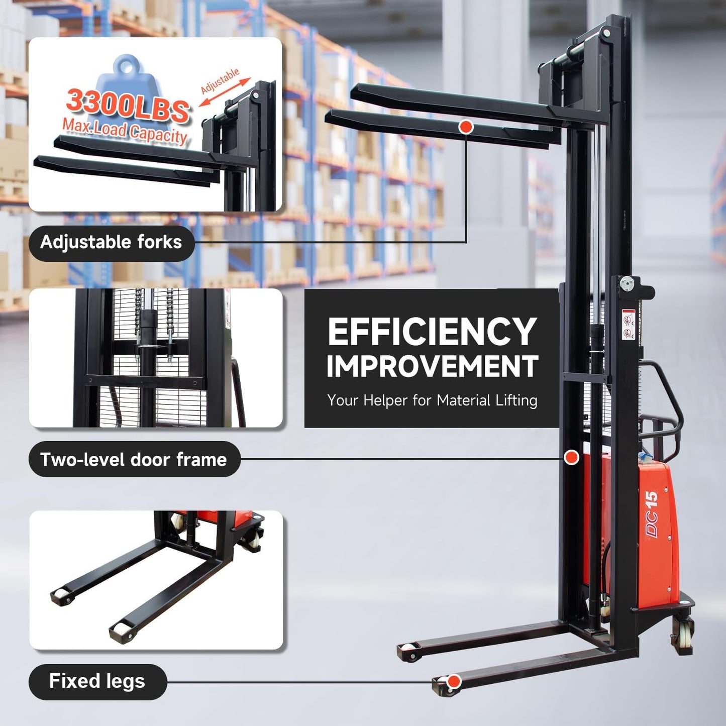 Fworkleft Semi-Electric Pallet Stacker, 3300 lbs Capacity, Lithium Battery Powered Walkie Stacker with 98" Lift Height, Electric Drive & Manual Lift for Warehouse & Shop