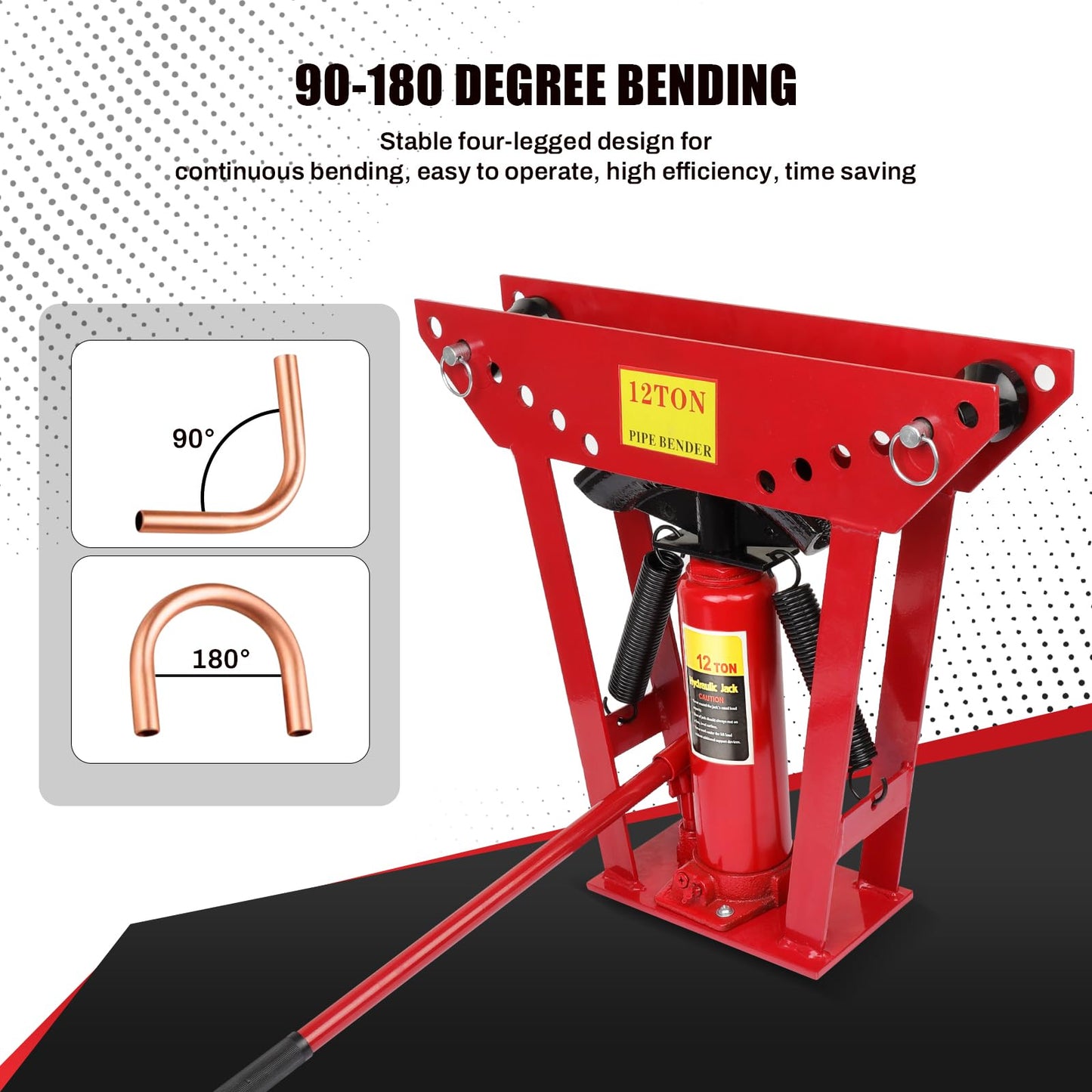 12 Ton Hydraulic Pipe Bender, Manual Copper Tubing Bender with 6 Dies (1/2",3/4",1",1-1/4",1-1/2",2"), 90°-180° Adjustable Rollers for Steel Iron Metal Ratcheting