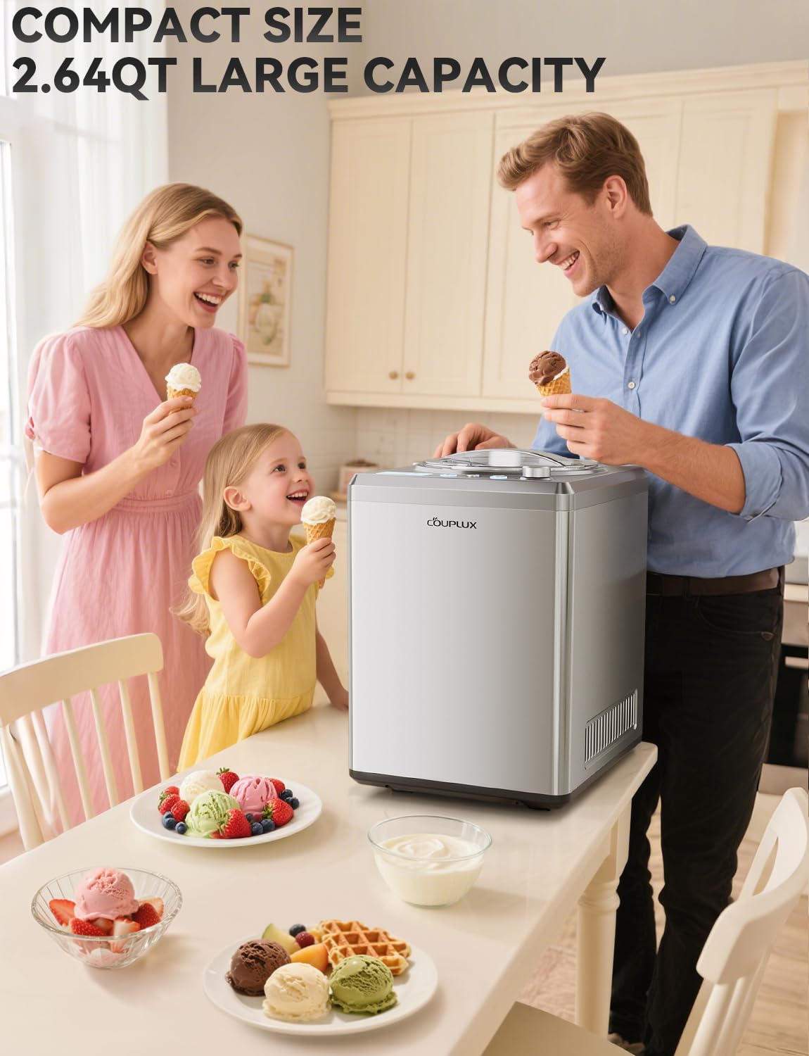 COUPLUX 2.64 Qt Ice Cream Maker, Upgraded Fastest 250W Compressor Fully Automatic Ice Cream Machine with No Pre-Freezing, 2H Keep Cool, LCD Display & Timer, All Stainless Steel