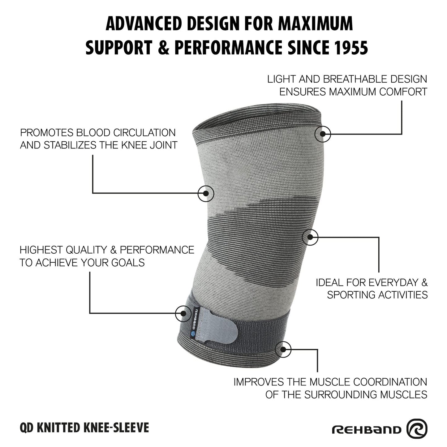 Rehband Compression knee sleeve, elastic knee brace for sports & daily wear, knee support for pain relief, meniscus, ACL & arthritis, breathable & anti-slip, Colour:Grey, Size:Small
