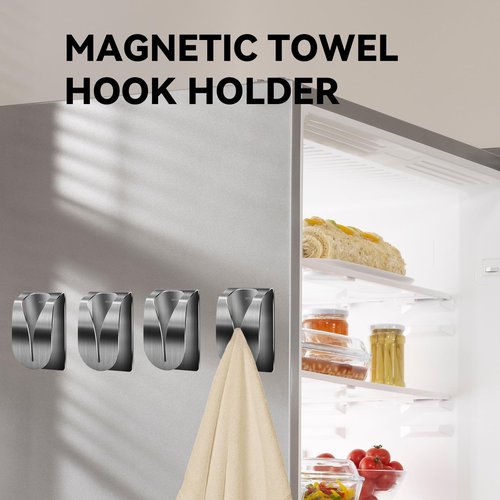 KIHOGEM 4Pcs Magnetic Towel Hook Holder, Super Strong Magnet Kitchen Towel Hanger for Refrigerator, Stainless Steel Dish Rag Holder for Fridge RV Garage