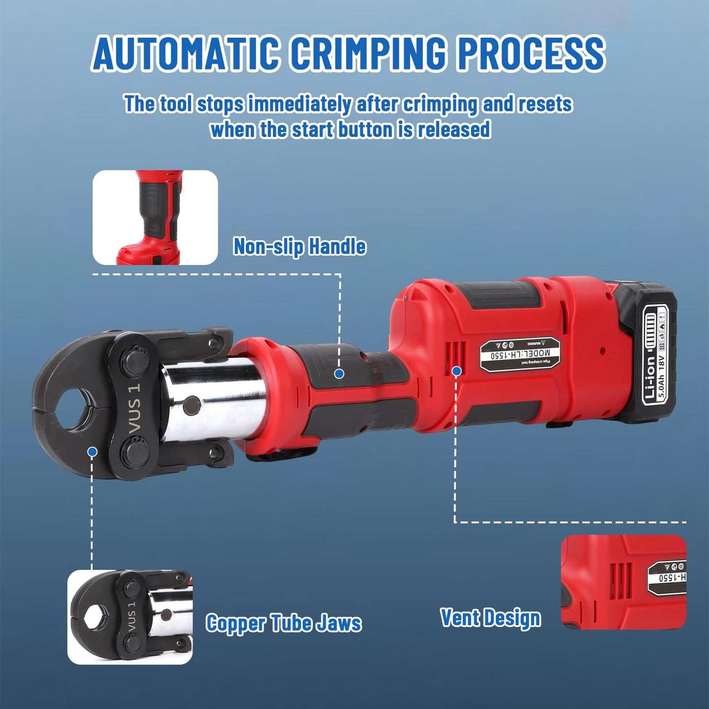 Pro Press Tool,18V Electric Pipe Crimping Tool with 4 Pro Press Jaws 1/2” 3/4“ 1” 1-1/4” US Standard for Copper, 2PCS 4AH Battery, Fast Charger & Carrying Case