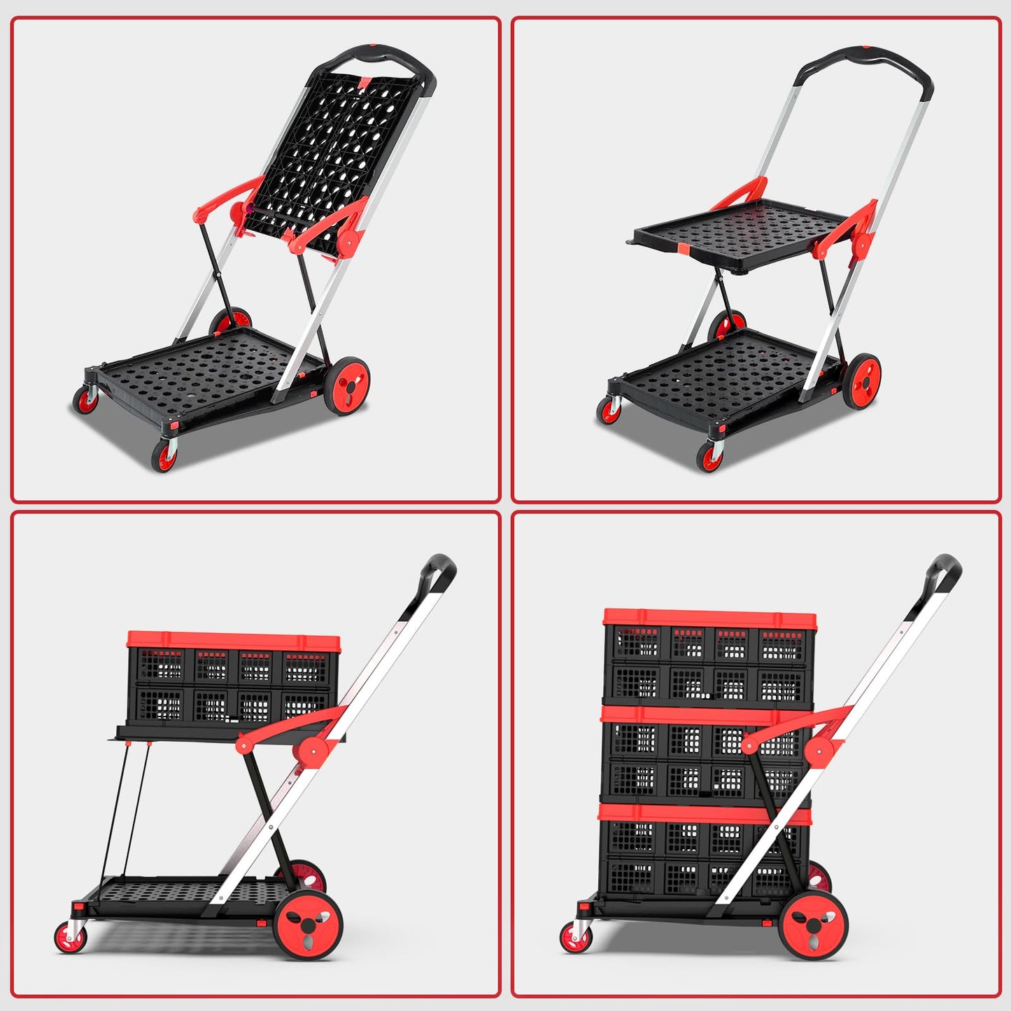 TOLRET Collapsible Shopping Cart with Wheels, 200 lbs Capacity Grocery Cart on Wheels with Storage Crate, Platform Hand Truck with Foot Brake, Red