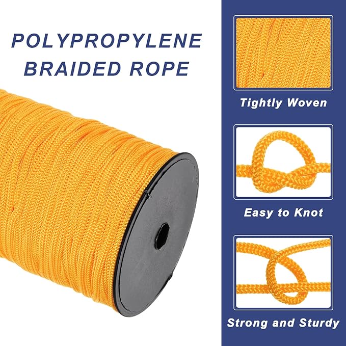 MECCANIXITY 3/16 Inch Polypropylene Rope Braided Ropes, 328ft Nylon Rope Hollow Utility Cord for Clothesline, Camping, Hiking, Outdoor, Orange Yellow