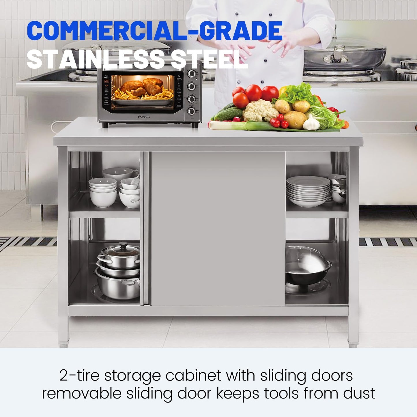 Hally Stainless Steel Cabinet, 24" x 60" NSF Commercial Heavy Duty Prep Workbench with Two Sliding Doors, Large Storage Cabinet, Metal Table for Kitchen, Restaurant, Garage