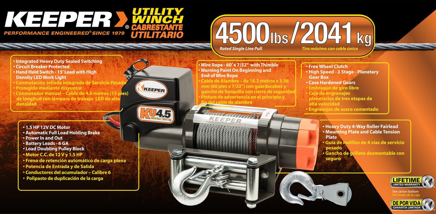 KEEPER KU4.5 12V DC 4500lb Utility Winch, Heavy-Duty Electric Winch with Integrated Sealed Solenoids, Handheld Remote Control, Durable Wire Rope, Weather-Resistant for Trucks, ATVs, and UTVs