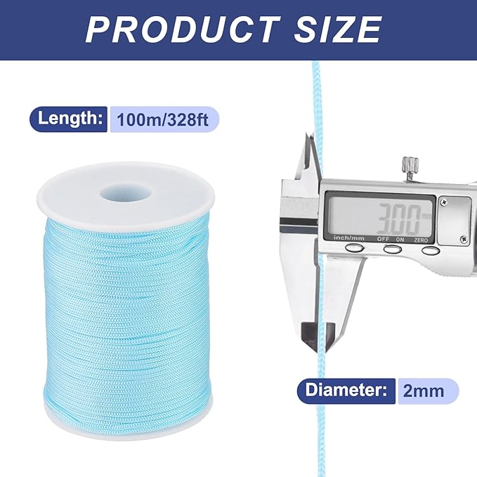 MECCANIXITY 1/12 Inch Polypropylene Rope Braided Ropes, 328ft Nylon Rope Hollow Utility Cord for Clothesline, Camping, Hiking, Outdoor, Sky Blue