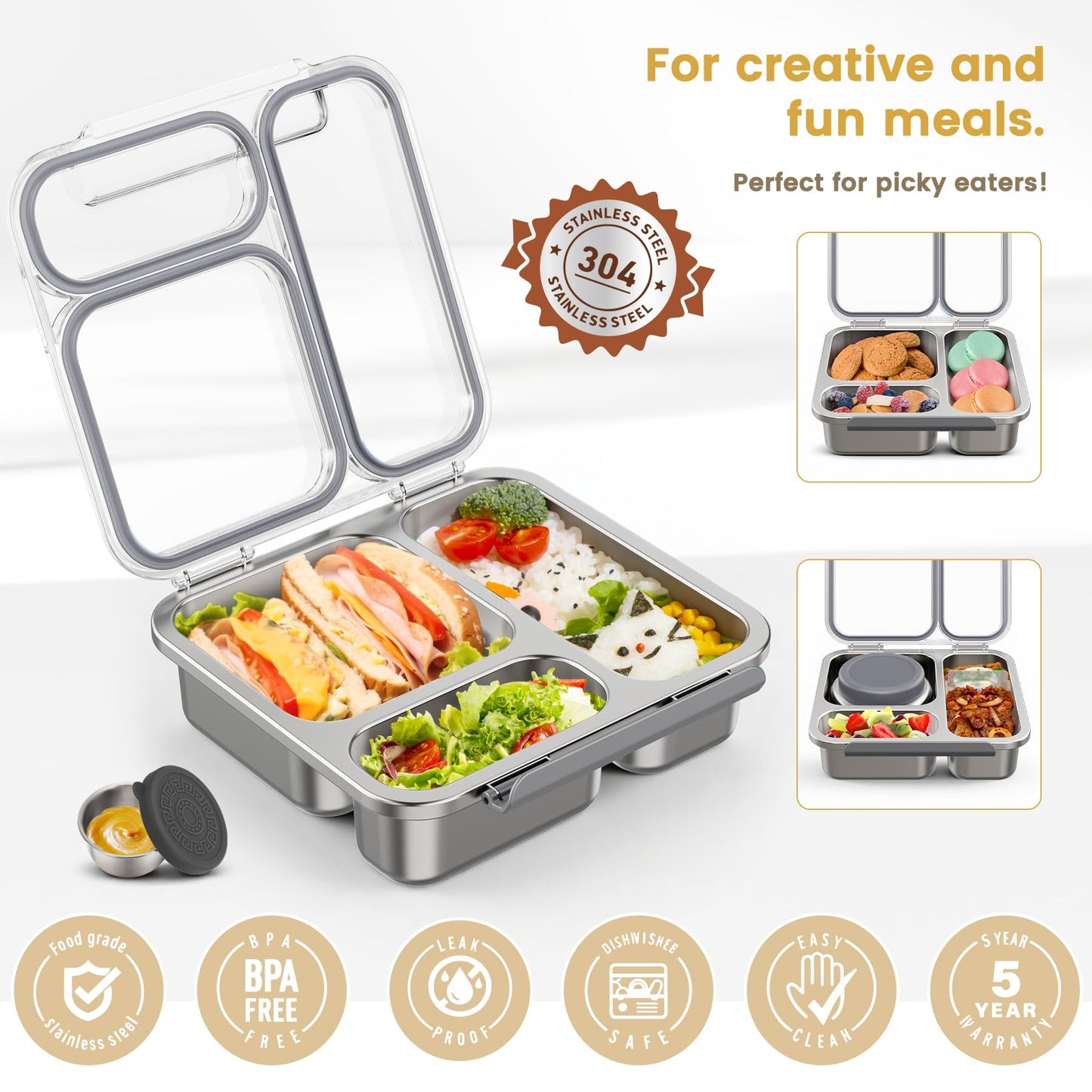 Stainless Steel Bento Box Kids Adult with 7oz Soup Thermo, Transparent Lid 3 Compartments Metal Bento Lunch Box with Insulated Food Jar,Lunch Box Container Sauce Cup for School,BPA-Free(Grey)