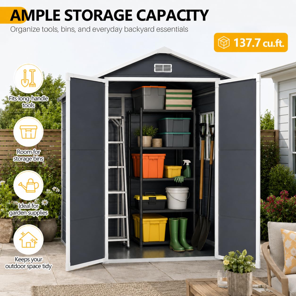 HUGROVE 6×4ft Outdoor Storage Shed with Floor, Waterproof & UV-Resistant Resin Garden Shed for Backyard with Lockable Double Doors, Air Vents & Side Window (Dark Gray)