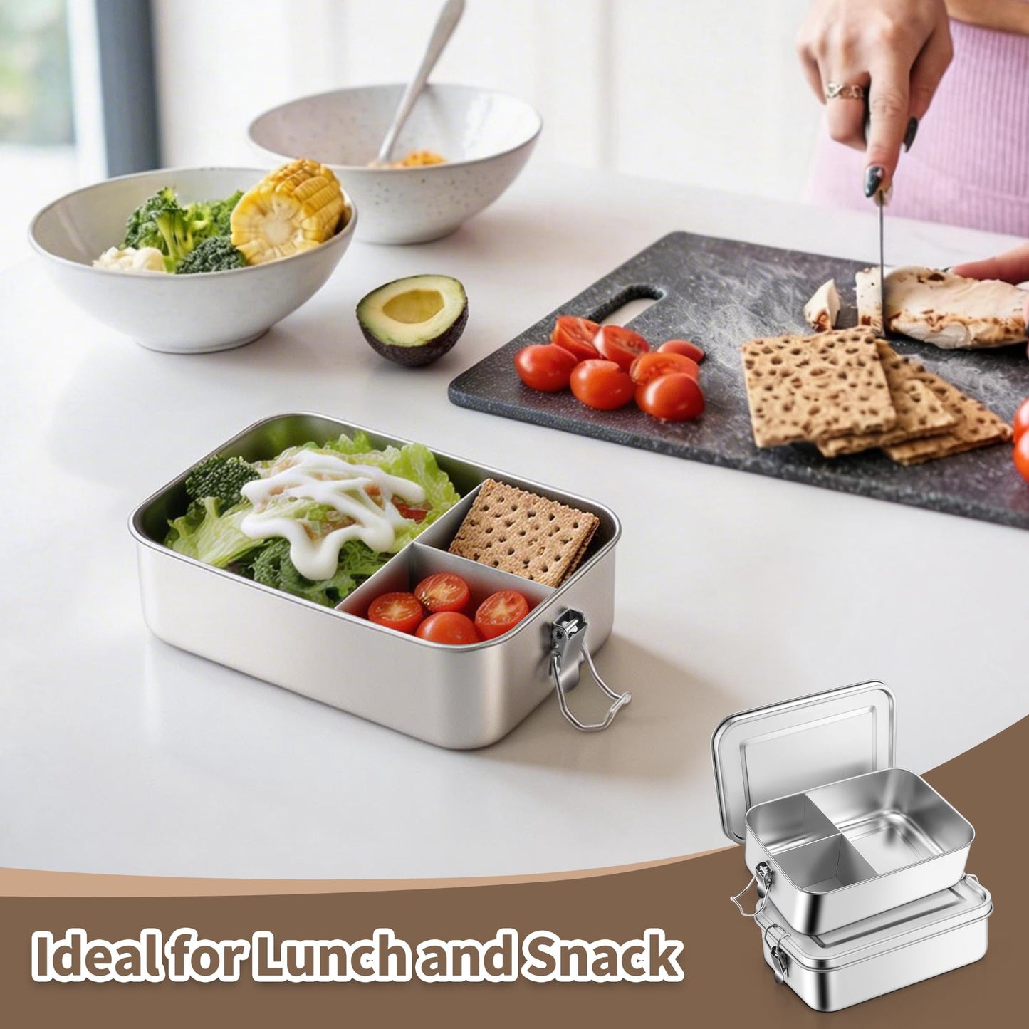 TeamFar 2 Pack Stainless Steel Bento Box, 47oz Metal Lunch Box with 3 Compartments for Adults/Kids, Lunch Food Containers for School/Work/Meal Prep, Leak-Proof & Dishwasher Safe, 1400ML
