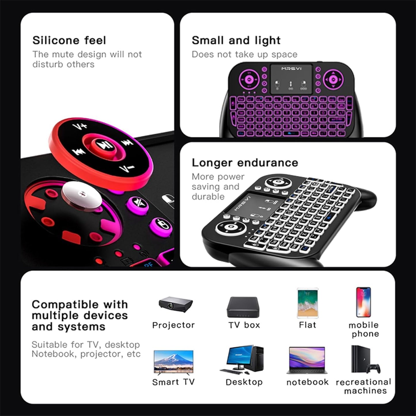 MRSVI Touchpad-2.4GHz Dual-Mode,7-Color PS3, Mini Keyboard with & Bluetooth Backlight, Multimedia Hotkeys