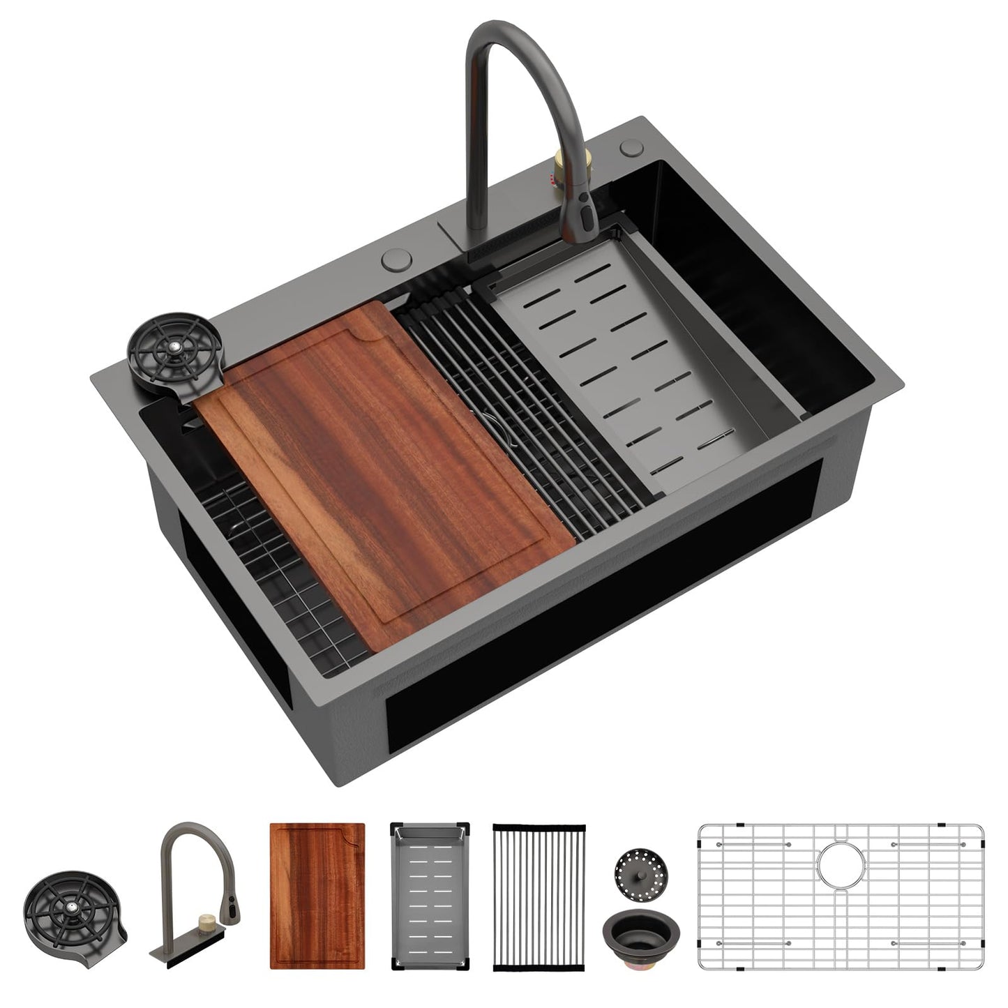 Logmey 33x22 Waterfall Kitchen Sink,Gunmetal Black Nano PVD Drop in Workstation Single Bowl,16 Gauge Anti-Scratch Anti-Rust Stainless Steel Sink with Faucet for Kitchen Remodel Food Prep & Dishwashing