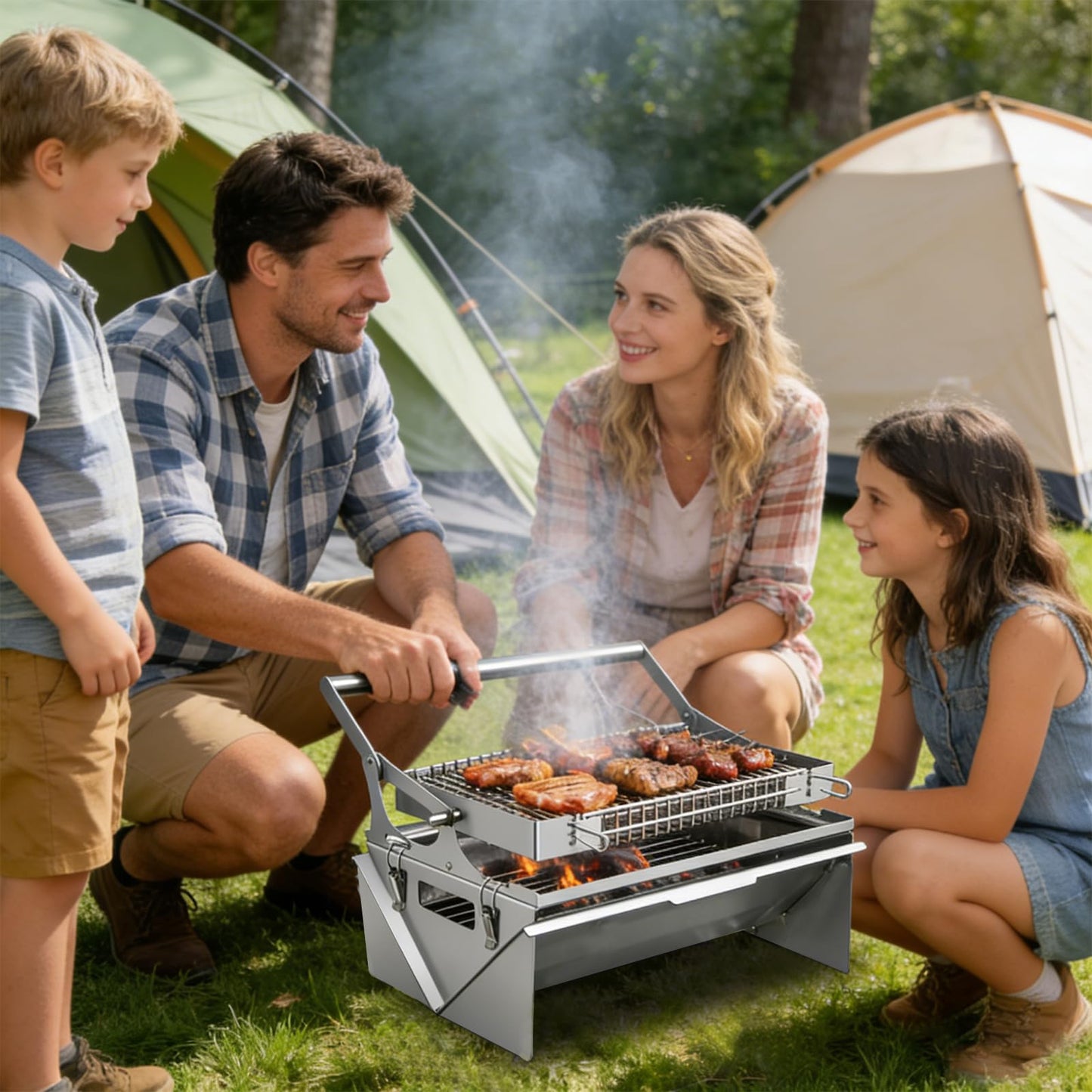 Portable 360°Rotating Charcoal Grill with Flipping Basket - 304 Stainless Steel Barbecue Grill for Camping, Tailgating, and Outdoor Adventures, Easy to Disassemble, Includes BBQ Bag New Upgrade