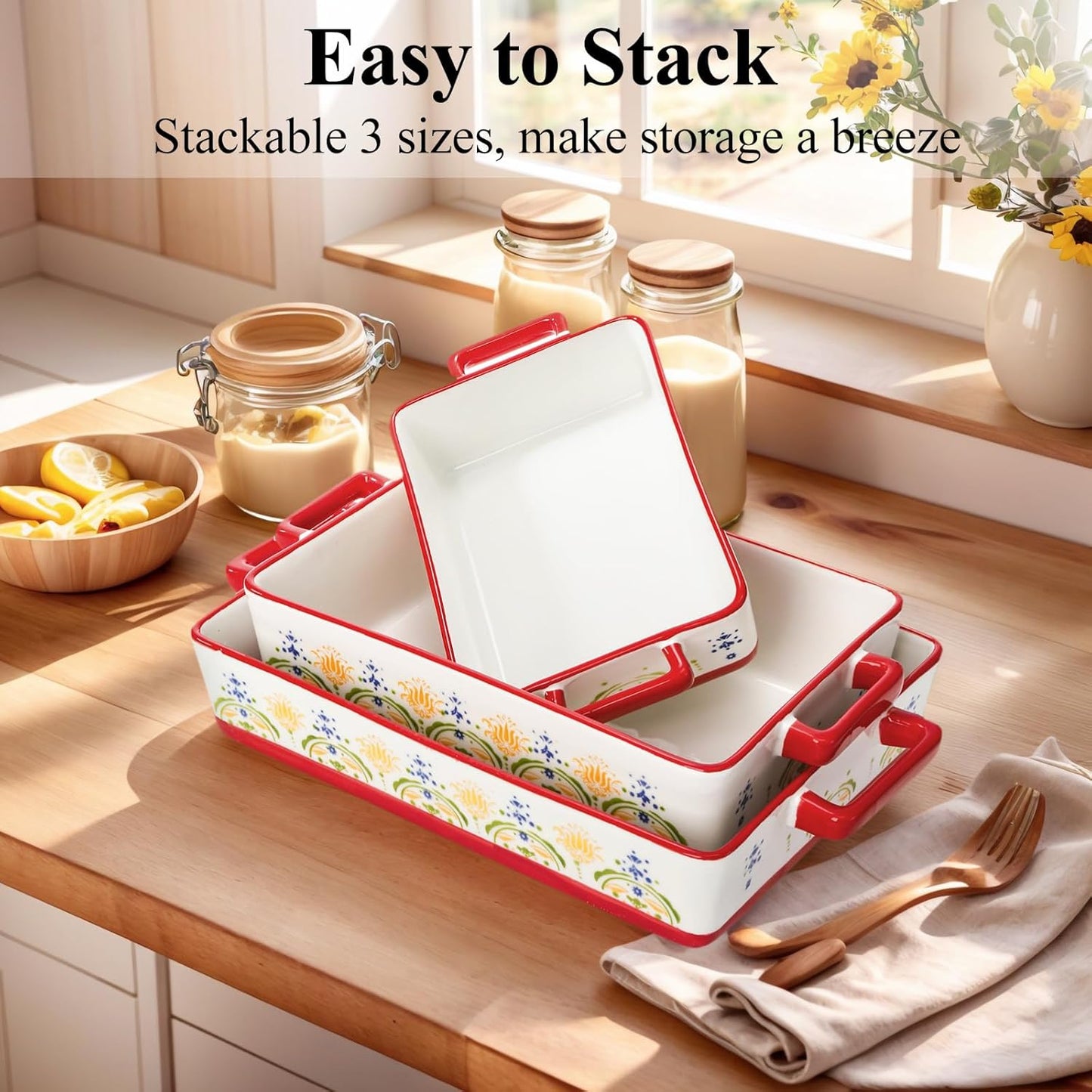 WRINGKIT Ceramic Baking Dishes Set - Rectangular Casserole Dish with Handles | 3 Sizes (12''/10.7''/7.7'') in Red