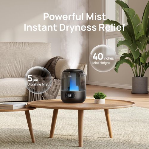 DREO Ultrasonic Humidifier - 3L Top Fill, 30H Quiet Runtime, Humidity Sensor & Night Light - Black