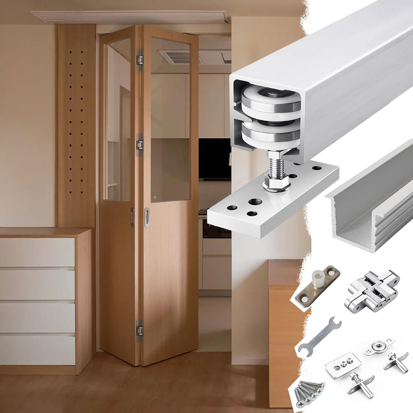 Sliding Door Rail with Dial-Adjusting Rollers, Invisible Folding Aluminium Track System Unit for Double Wood Doors, Barn Door Sliding Kit for Patio Bedroom(73inch/185.5cm)