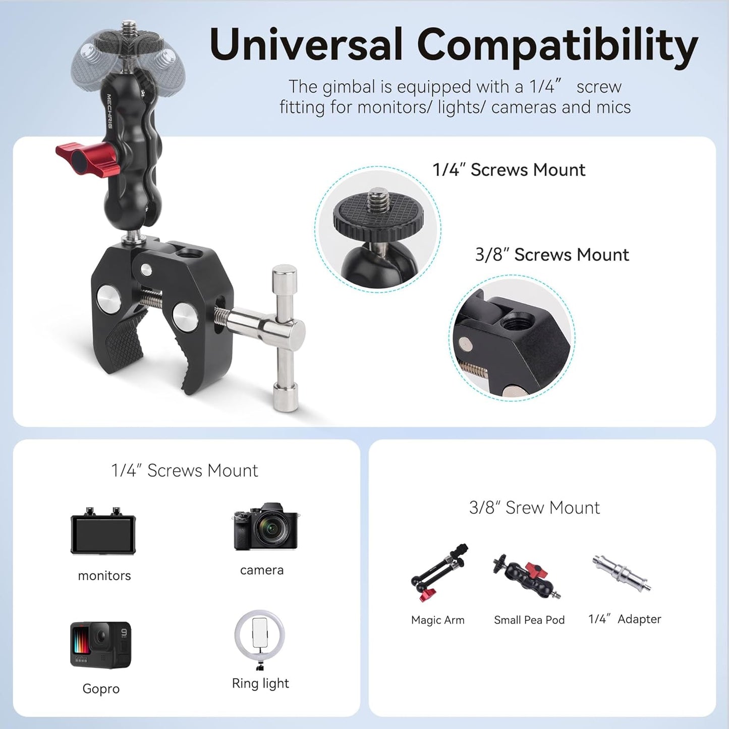 Mechrig 360 1/4"-20 3/8"-16 (SJ019) Camera Clamp Mount with Dual Ballhead Magic Arm, Double Ball Head Adapter
