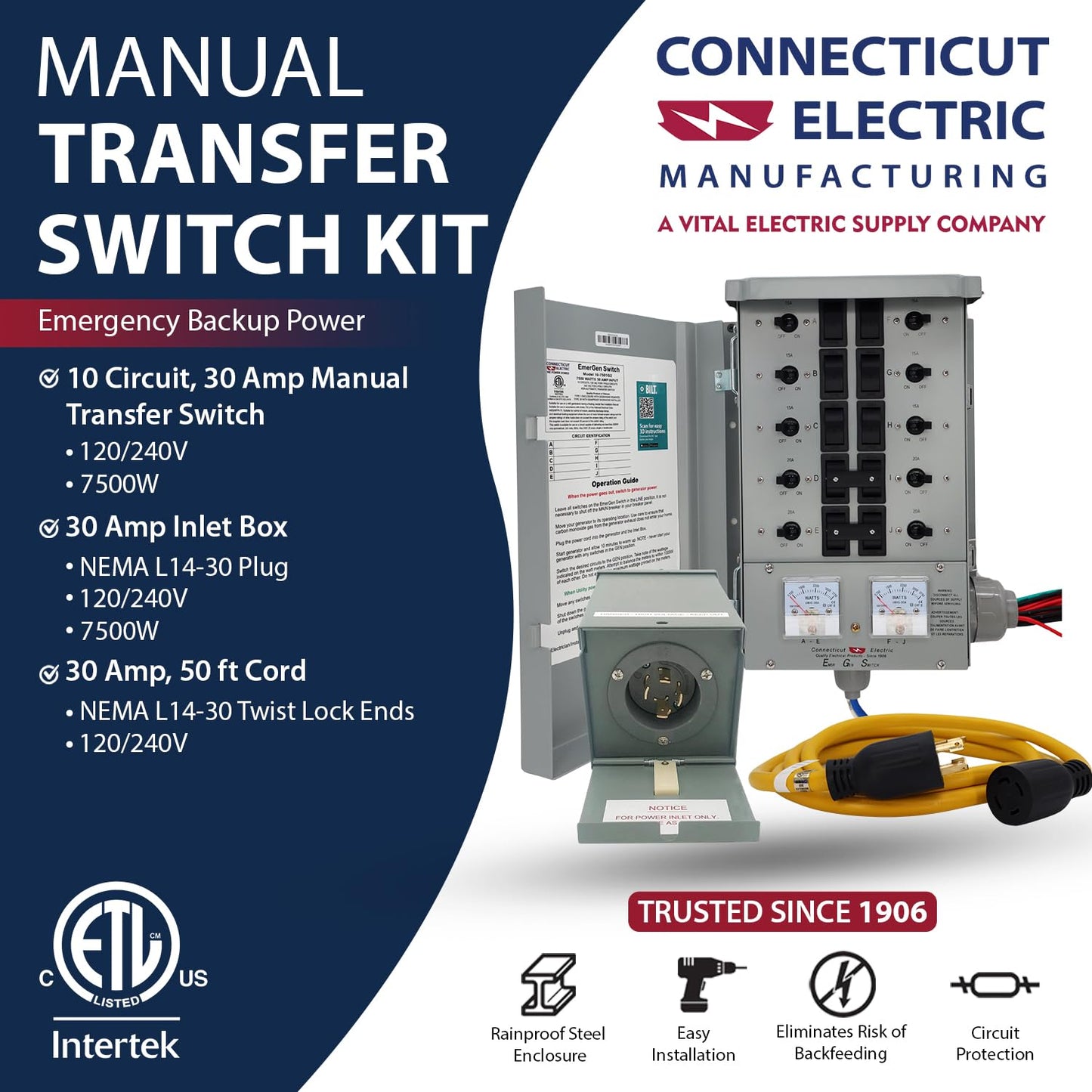 Connecticut Electric EmerGen Backup Power Manual Transfer Switch Kit 30 Amp, 50 Foot Cord, 10-Circuit, 7500 Watts, EGS107501G2K50 for Portable Generator (with 50 FT Generator Cord)