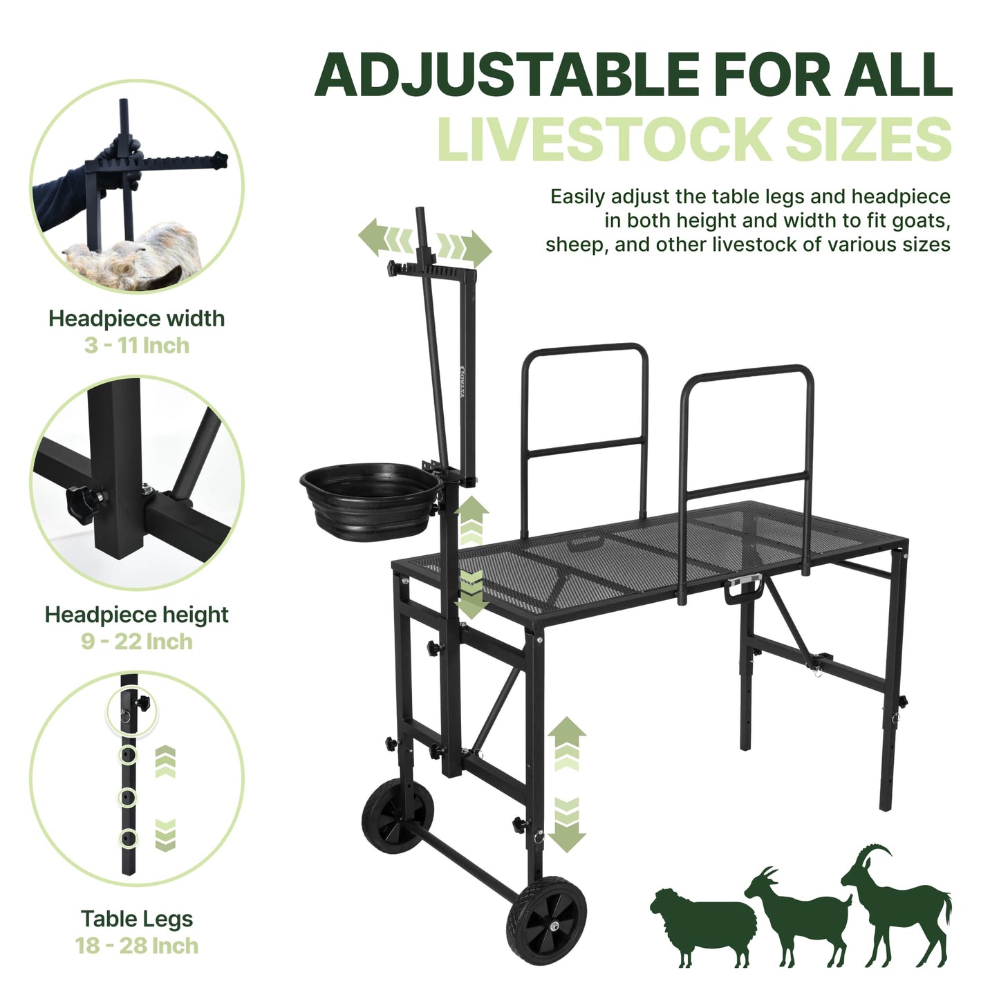 Goatzy Goat Stand with Adjustable Headpiece & Legs, Goat Milking Stand with Feeder, Rails & Wheels, Stanchion for Grooming & Hoof Trimming, Sheep Stand for Shearing Heavy-Duty Steel Platform, Black