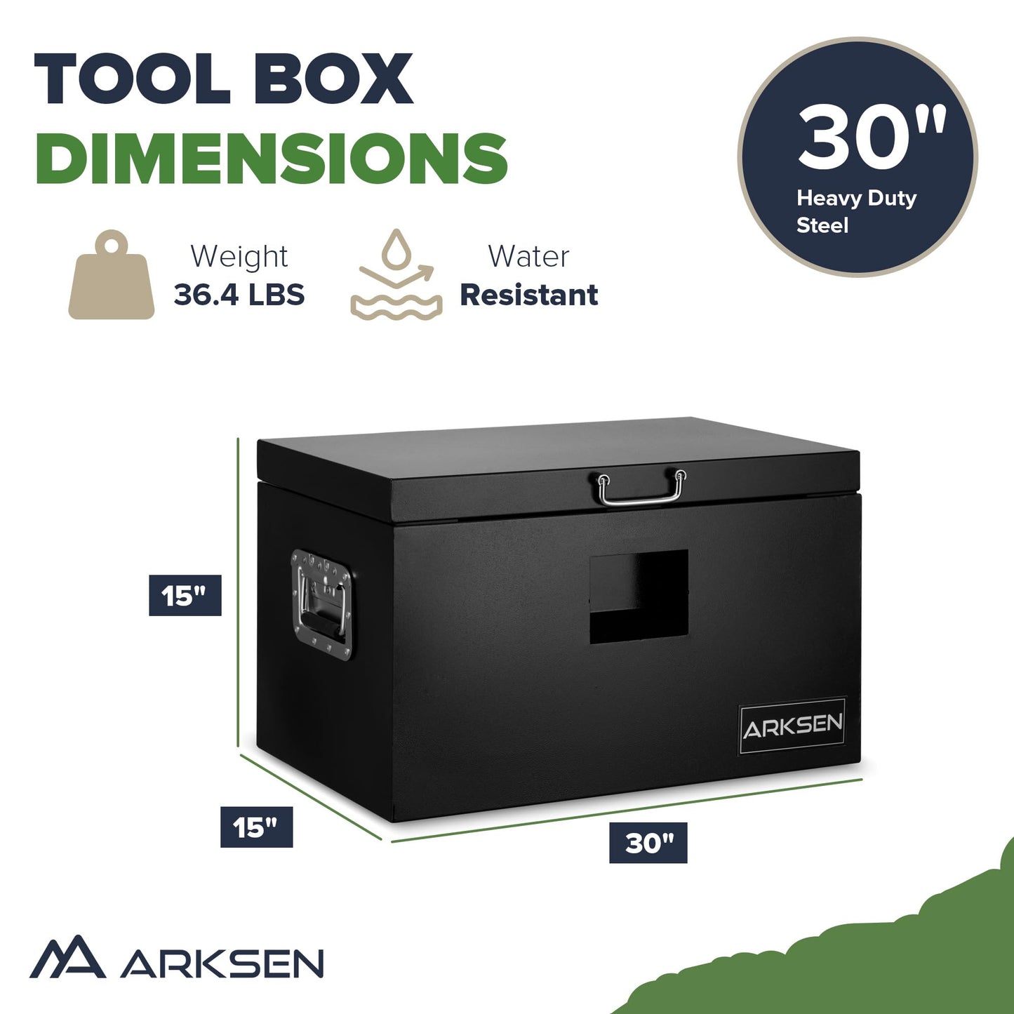 ARKSEN 30 x 15 x 15 Inch Steel Truck Bed Tool Box, Heavy Duty Weather-Resistant Utility Storage Chest for Pickup Trucks, Trailers & RVs, Black