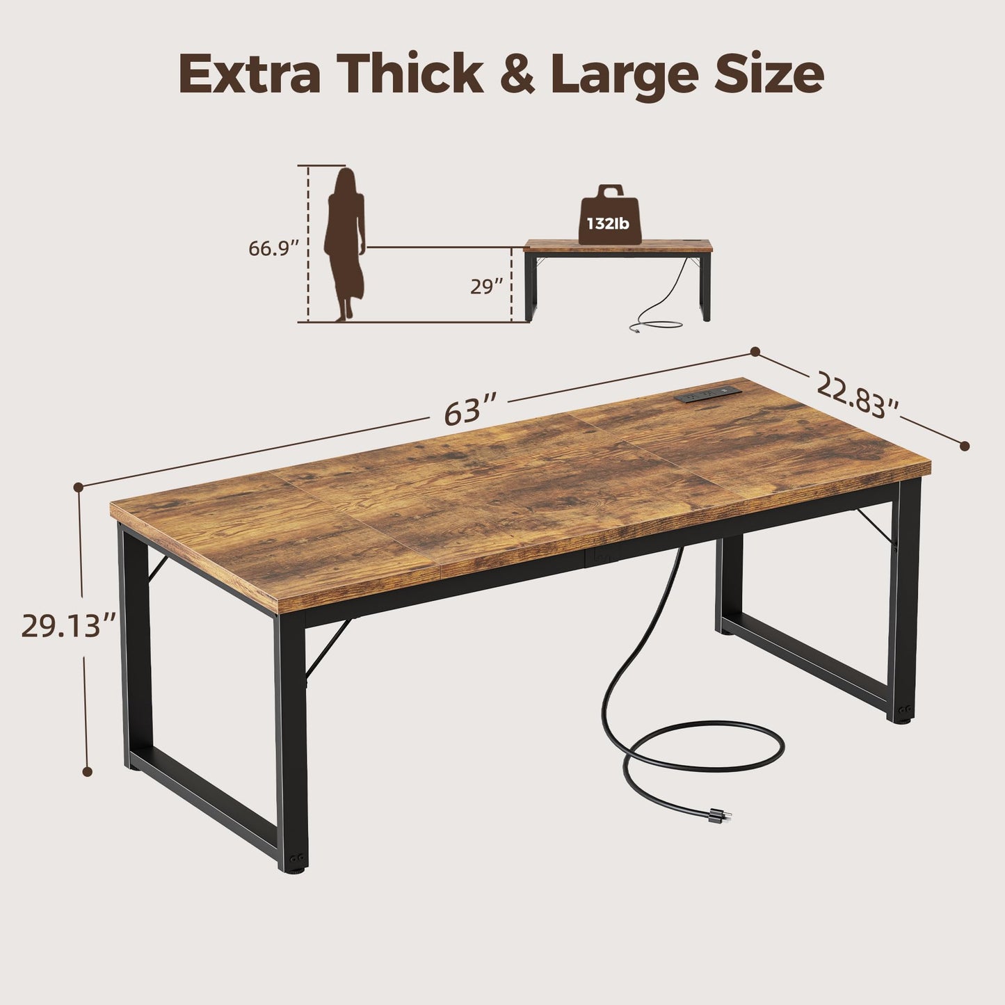 Mericonia 63 Inch Large Computer Desk with Power Outlets, 1.2" Thick Heavy Duty Industrial Office Desk, Modern Simple Study Writing Table for Home Office Bedroom Workstation, Brown