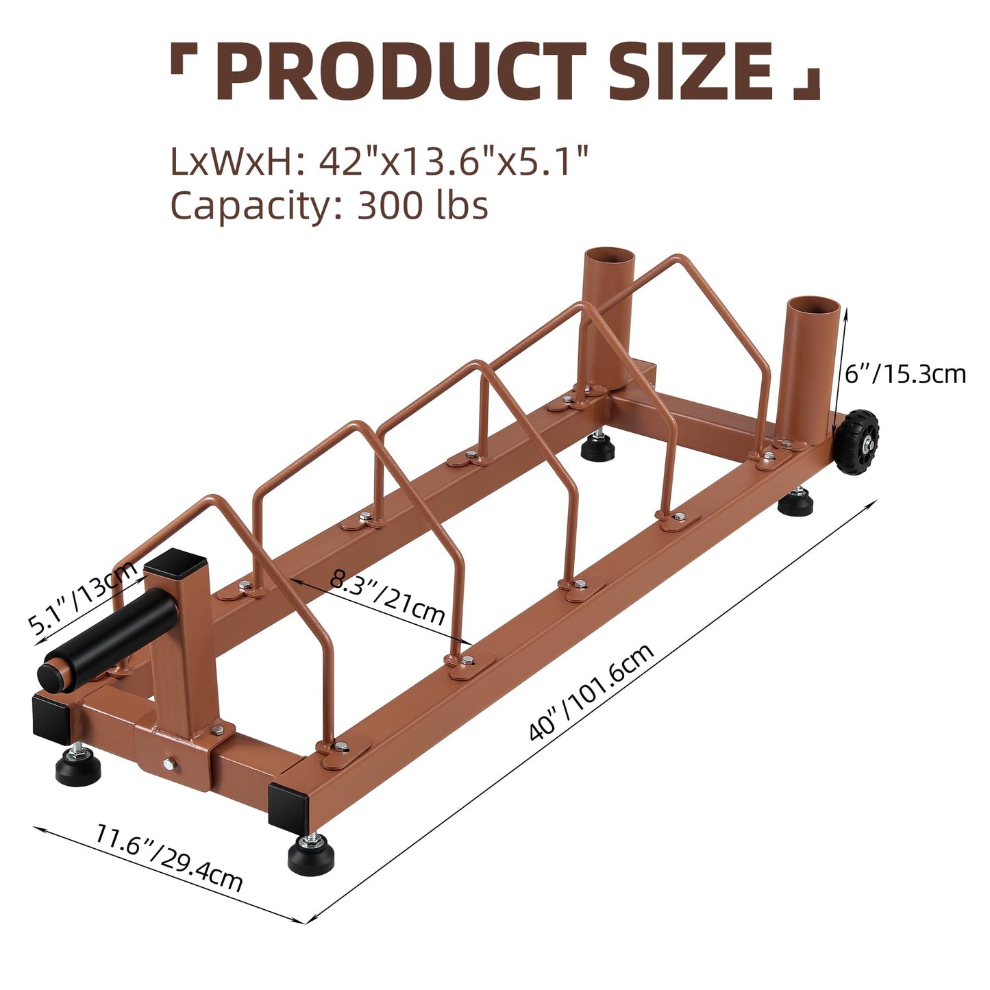 Olympic Barbell Plate Organizer with Steel Frame for home or gym,Horizontal Plate with Handle and Wheels, 300LBS Capacity, Brown