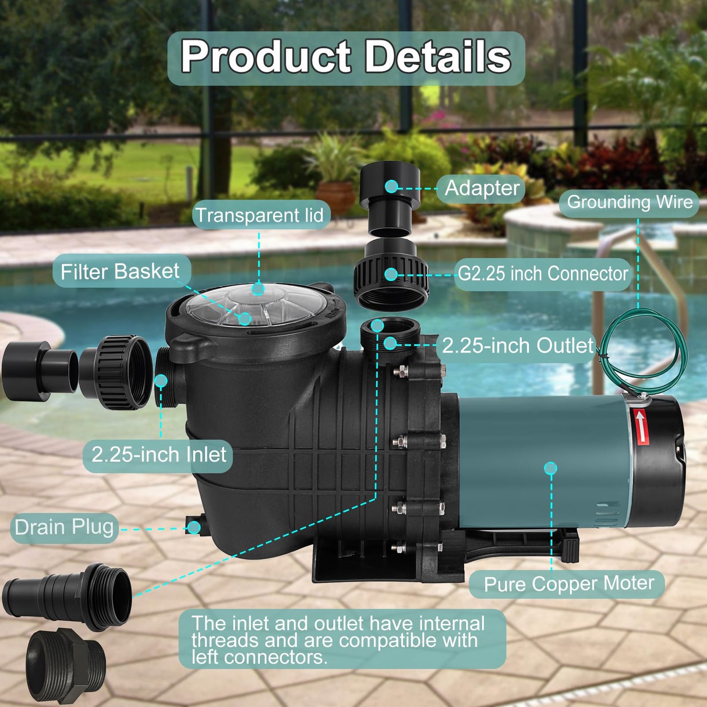 Hxgexin 2 HP Pool Pump 110 V/220 V Swimming Pool Pump 6840 GPH In/Above Ground Pool Pumps 1500 W Powerful Self Primming Pump for Residential/Commercial Pool, Spas and Hot Tubs, Landscape Fountain
