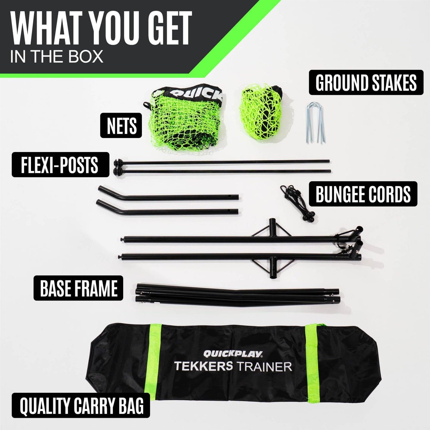 QUICKPLAY TEKKERS TRAINER Soccer Rebounder, 6.5x4' Spot & 6.5x1.5ft Ground Pass Nets, Alloy Steel, Fiberglass, Black, Green, Portable
