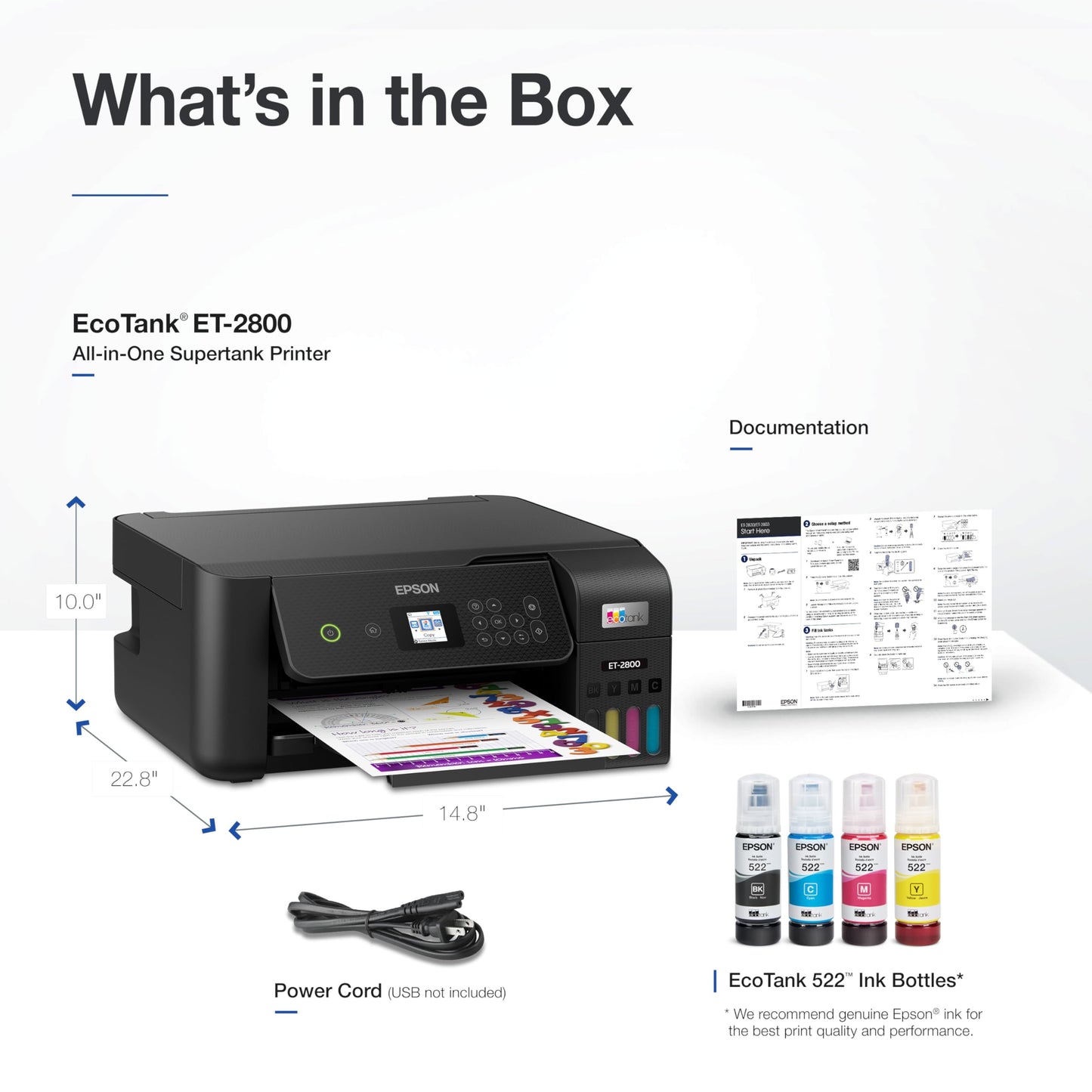 Epson EcoTank ET-2800 Wireless Color All-in-One Cartridge-Free Supertank with Scan and Copy, The Ideal Basic Home Printer - Black
