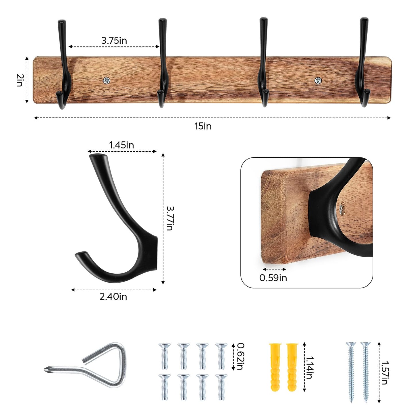 Yangbaga Coat Rack Wall Mount,Acacia Wood Coat Hooks Wall Mount,15" Wall Coat Rack with Heavy Duty 4-Double-Hooks,Hat Rack Wall Coat Hanger for Towel/Dog’s Leashes/Coat/Bag