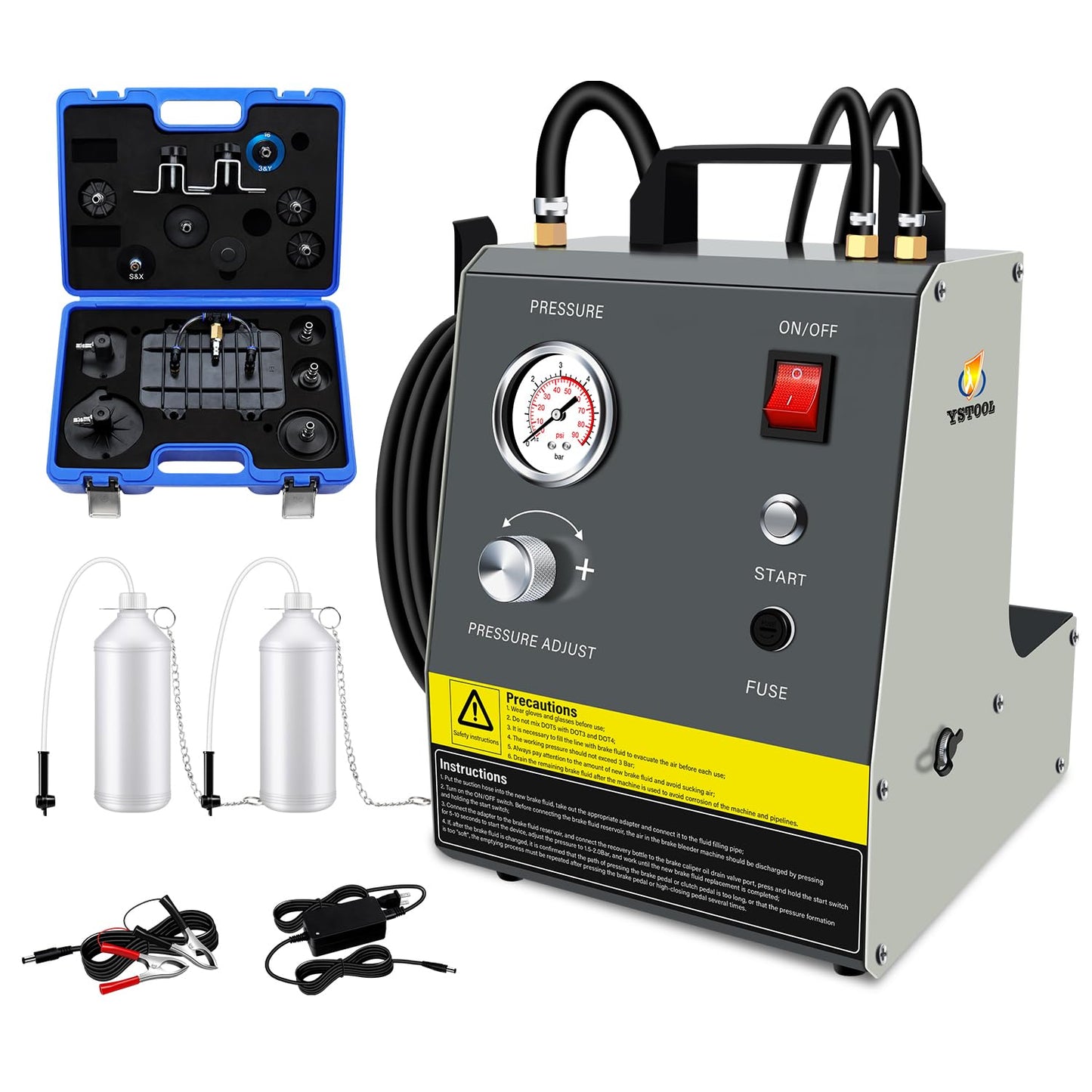 YSTOOL Electric Pulse Brake Bleeder Machine Kit with 110V AC and 12V DC Dual Purpose Clutch Bleeding Unit Master Cylinder Adapter Kit Waste Oil Bottles