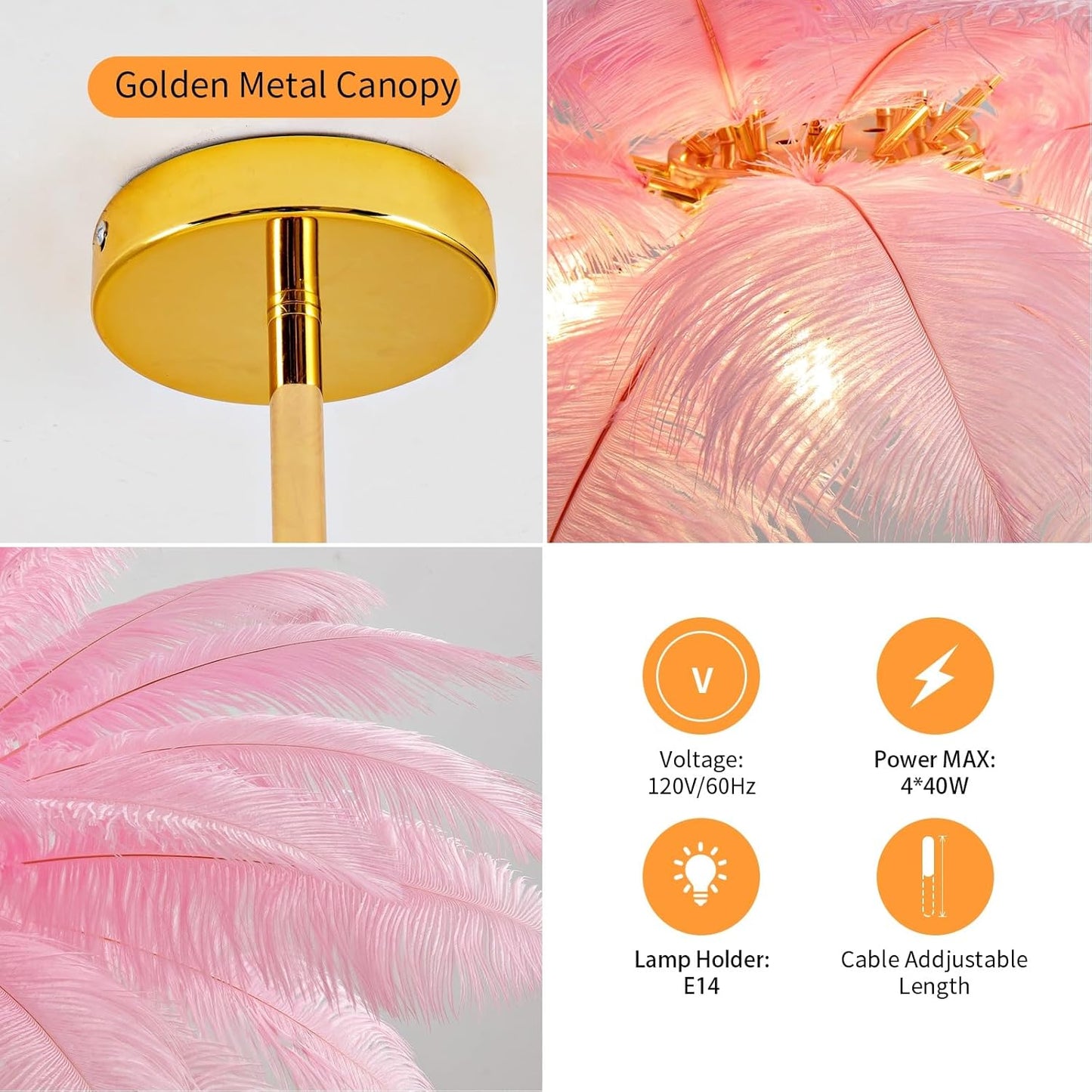 NZV Pink Feather Chandelier - Romantic Ostrich Feather Pendant Light for Girls' Room | 23.6in E14 Base