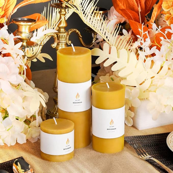 3"x 6" Large Beeswax Pillar Candle, Made of Pure Natural Beeswax, with Ultra Long Burning Time and Low Allergenicity-Rawï¼?2H