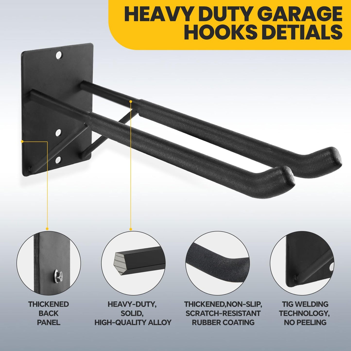 FancyEagle 14" Large Heavy Duty Garage Hooks, 4-Pack Steel Garage Storage Hooks with Support Rods, Utility Wall Mount Hangers for Power Tools, Car Tires, Ladders, Chairs, Garden Tools and More